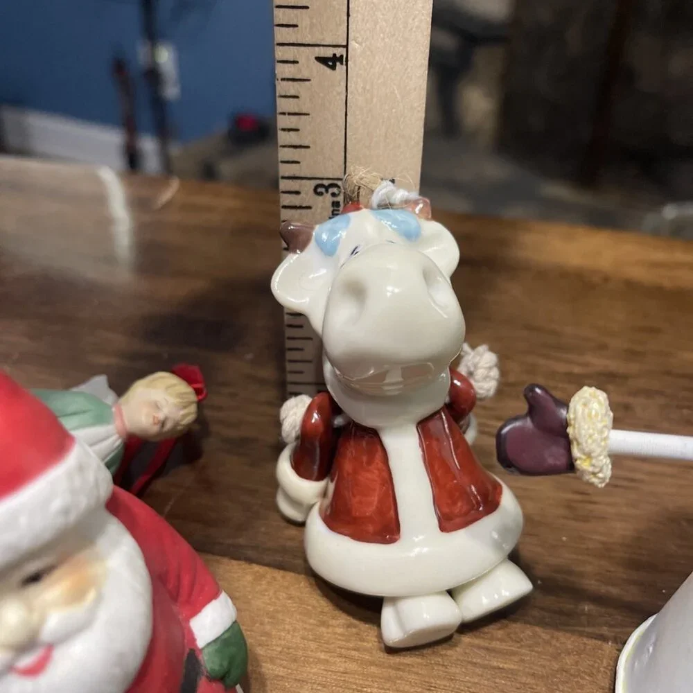 4 Bell‎ Shaped Christmas Ornaments Dangling Legs Santa, Cow,Angel, Snowman READ